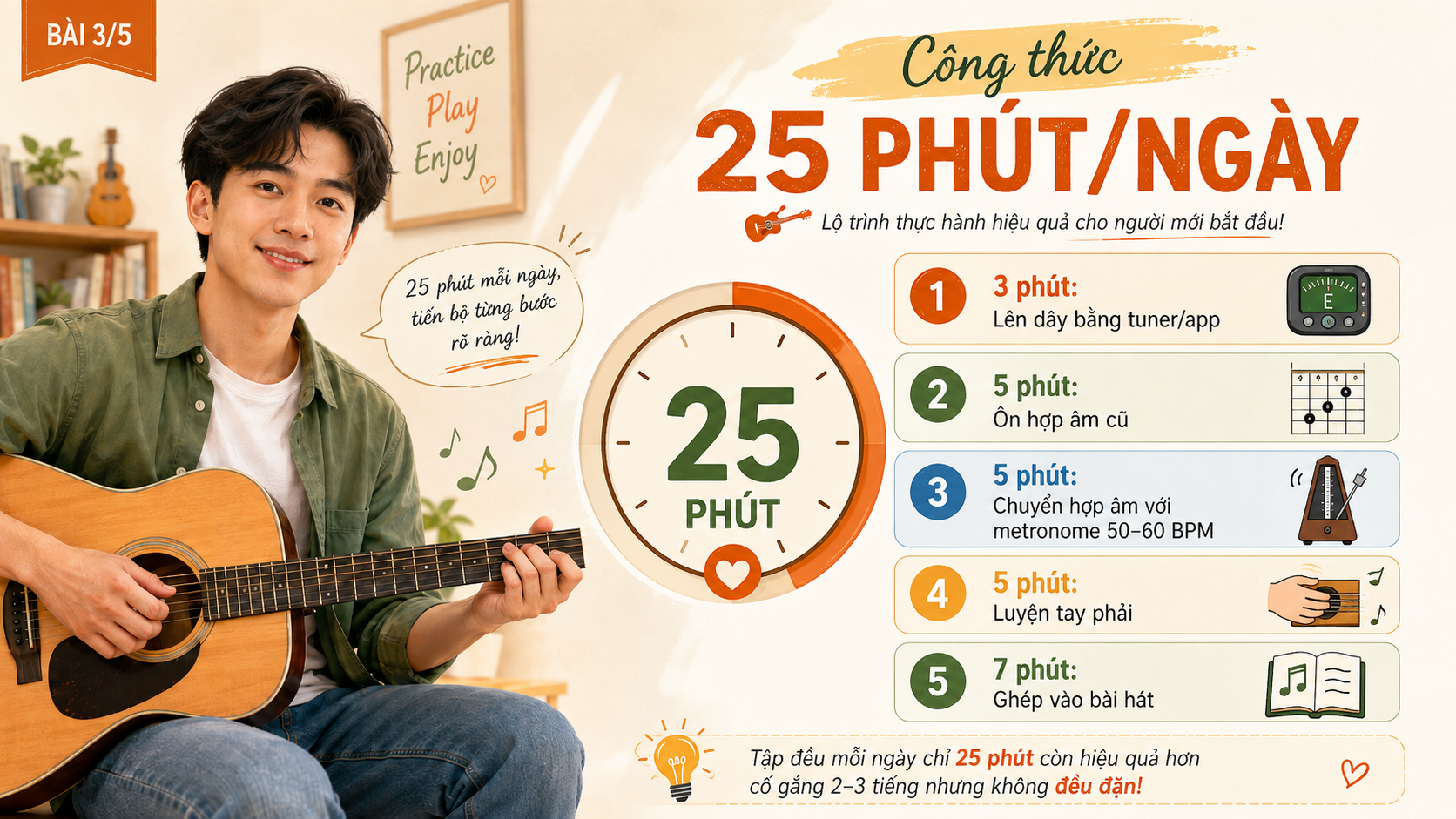 Công thức 25 phút/ngày – lộ trình thực hành hiệu quả cho người mới bắt đầu tập guitar Công thức 25 phút/ngày – lộ trình thực hành hiệu quả cho người mới bắt đầu tập guitar